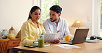 Couple, laptop and discussion with documents for finance, expenses or budget planning in home. Man, woman or paperwork with computer for mortgage bills, taxes or conversation for investment in house