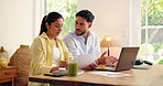 Couple, laptop and finance with documents in home for expenses, discussion or budget planning. Man, woman or paperwork with computer for mortgage bills, taxes or conversation for investment in house