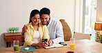 Home, cellphone and couple with love, hug and bonding together with discussion. Embrace, man and woman with smartphone, funny meme and connection with relationship, digital app and online chatting
