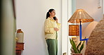 Phone call, talking and woman in home for contact, online chat and conversation on weekend. Apartment, happy and person on smartphone for communication, social networking and connection in house