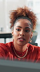 Creative, talking and business woman in office for meeting, feedback and project review on computer. Publishing, editor and person on pc for article submission, news report or digital magazine layout