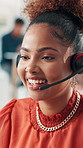 Woman, telemarketing or talk in office with smile for selling life insurance, explain terms and conditions. Person, contact client or speaking with headset, lead generation or financial service sale.