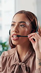 Woman, consultant and conversation with headset for online advice or communication in office. Female person, agent or discussion with mic for virtual assistance, help or telesales in call center