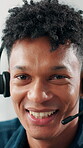 Portrait, headset or happy man in call center for customer service, troubleshooting or about us. Tech support, online helpline or virtual assistant with microphone, telemarketing or lead generation