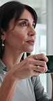 Business woman, drink and thinking with coffee cup for morning beverage or fresh start in office. Thoughtful, calm or female person with caffeine beverage, mug or latte for beginning, energy or aroma
