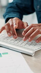 Document, typing or hands with keyboard at desk, performance evaluation report or planning proposal. Chart, financial growth or person writing proposition for startup development, strategy or analyst