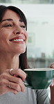 Coffee, happy and businesswoman in office in morning with calm, ideas and relax at work. Cappuccino, smile and female creative director drinking warm beverage with peace for latte in workplace.