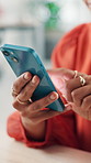 Phone, hands and businesswoman in office with networking, communication or contact with email. Technology, scrolling and female creative editor with cellphone for texting on mobile app in workplace.
