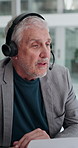 Mature man, headset and call with documents at office with review, explain or guide at investment company. Person, broker or financial advisor with headphones, mic or contact with paperwork at agency