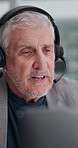 Mature man, headset and financial advisor with talk at office for review, explain or guide at investment company. Person, broker or consultant with headphones, mic or contact for discussion at agency