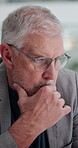 Mature, businessman or thinking in office with decision for investment, financial plan or solution. Reflection, person or problem solving in workplace with choice, future opportunity and development.