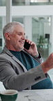 Mature man, phone call and happy at office with documents, advice or listen at asset management company. Person, broker and financial advisor with smartphone, talk or explain with feedback at agency