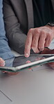 Business, hands and team with tablet in meeting for invoice review, budget planning and annual report. Screen, financial staff and people with digital app in office for investment proposal and update