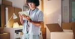 Supply chain, tablet and man in workplace, internet and checklist for online inventory. Person, startup or entrepreneur with tech, network or distribution with ecommerce and app for delivery schedule