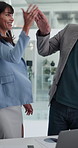 High five, business people or discussion with laptop for project management, positive feedback or review. Achievement, pc or mature managers celebrate success, chart or increase sale performance