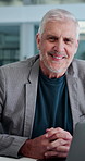 Face, laptop and happy businessman in office as insurance broker, about us and typing report. Smile, computer and portrait of mature professional, risk advisor and policy consultant in New Zealand