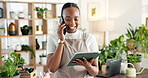 Phone call, discussion and woman with tablet, flower shop or talk with contact for delivery schedule. Happy, entrepreneur and planning for order on website, communication and black person with tech
