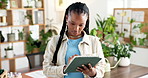 Smile, volunteer and black woman with tablet, typing and app with donation checklist. African person, environmental responsibility and activist with social media and research for NGO project schedule