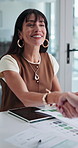 Woman, handshake or documents in office for business deal, investment or stats review in startup. Shaking hands, happy person and paperwork in workplace with graphs, b2b development or collaboration.