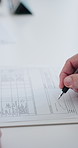 Business, hands and person with documents, signature and financial advisor with legal agreement. Closeup, consultant and employee in office, paperwork and feedback with promotion, writing and report