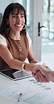 Woman, handshake or paperwork in office for business deal, investment or stats review in startup. Shaking hands, happy person and documents in workplace with graphs, b2b development or collaboration.