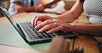 Hands, laptop and business woman typing in office for social media marketing, schedule post or email. Computer keyboard, person and marketer at work for advertising on platform, campaign or coworking