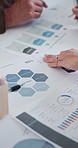 Meeting, graph and hands of business people with paperwork for budget, finance review and revenue. Team, corporate and workers with statistics, chart and documents for financial proposal or report