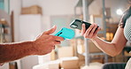 People, hands and pos machine with phone in logistics for package, boxes or payment in store. Closeup, customer and supplier with mobile smartphone or NFC for wireless transaction, RFID or purchase
