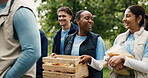 Conversation, funny and walking with volunteer people outdoor for donation or food drive. Community outreach, laughing and support with happy group in park for charity, ngo or non profit mission