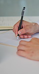 Hands, person and doctor writing in hospital for prescription, medical record and referral letter. Healthcare worker, folder and notes on diagnosis, treatment progress and patient chart for discharge