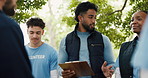 Volunteer, clipboard and man with team outdoor for food drive, collect donations and charity event. Park, collaboration and people with checklist for community service, outreach program and planning