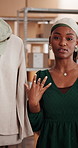 Face, mannequin and presentation with black woman fashion designer in office for marketing. Advertising, clothes and pov with African supplier in workplace for retail, sale or small business startup