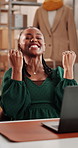 Happy, black woman and winning with laptop in logistics for small business success or good news. Excited, female person or entrepreneur dancing in celebration for online startup, purchase or boutique