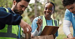 Outdoor, volunteer and woman with clipboard, groceries and packing with community service. NGO project, activist and people in park, documents and checklist for inventory and social responsibility