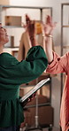 Happy women, logistics or high five with tablet for success, small business or startup in boutique. Excited, female people or colleagues with clothing, technology or boxes for review in online store