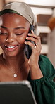 Phone call, boxes and black woman with tablet in office with online order confirmation for delivery. Digital technology, cellphone and African female entrepreneur on mobile discussion for ecommerce.