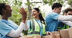 Excited, women and high five for community service, park or food distribution for NGO or celebration. Outdoor, groceries and volunteers with social responsibility, kindness or achievement for charity