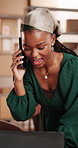 Phone call, boxes and black woman with laptop in office with online order confirmation for delivery. Computer, cellphone and African female entrepreneur on mobile discussion for ecommerce with cargo.