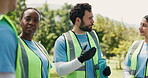 Speaking, volunteer or people in park with trash bag, social responsibility or litter project for environment. Instructions, outdoor restoration or group of eco advocate together, green action or ngo