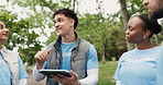Charity, meeting and tablet with volunteer group outdoor for community service direction. Activism, app and collaboration with man speaking to outreach team in park for ngo or non profit organization