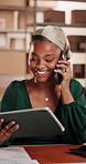 Phone call, ecommerce and black woman with tablet in office with online order confirmation for delivery. Digital technology, cellphone and African female entrepreneur on mobile discussion for boxes.