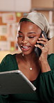 Phone call, online order and black woman with tablet in office with ecommerce confirmation for delivery. Digital technology, boxes and African female entrepreneur on mobile discussion on cellphone.