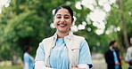 Face, volunteer or woman outdoor with arms crossed for eco project, outreach or nonprofit service. Confident, person or charity work in park for sustainability program, social responsibility or bokeh