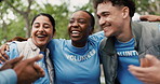 Volunteer, team or hug in park for community service, positive impact or conservation success. Applause, green project or people celebrate with fist bump for trash pick up, laugh or nature protection