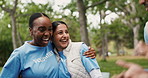 Volunteer, people or hug in park for community service, green project or conservation success. Applause, positive impact or team celebrate with fist bump for trash cleaning, ngo or nature protection