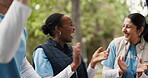 Volunteer, group or people in park with clap, collaboration or milestone reach in community service project. Happy, team or NGO outdoor with applause, achievement or outreach goal in charity campaign
