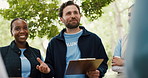 Man, talk and volunteer with clipboard outdoor for planning, donation inventory and community service. People, discussion and checklist for stock control, food allocation and teamwork for ngo charity