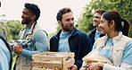 Happy people, food drive or volunteer team outdoor for walk, humanitarian aid and laugh. Charity, park and funny group with grocery for non profit, community service or talk with donation for help