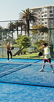 Fitness, game and team in court with padel, cardio and swing in competition action. Tennis, sports match and athlete outdoor with partner, challenge and racket control in training performance.