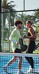 Fitness, man and woman in tennis court with high five, team and victory in competition action. Happiness, padel and athlete outdoor with partner, sports match and success in training performance.